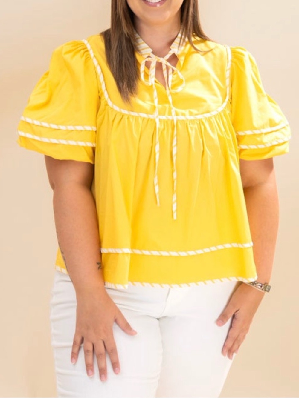 Bright Yellow Puff Sleeve Tie-Neck Blouse by